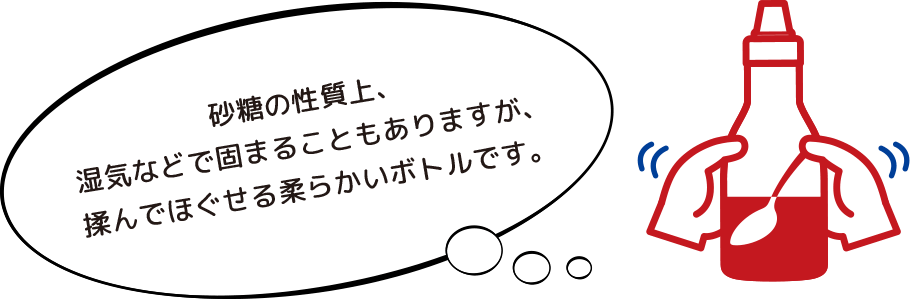 砂糖の性質上、湿気などで固まることもありますが、揉んでほぐせる柔らかいボトルです。